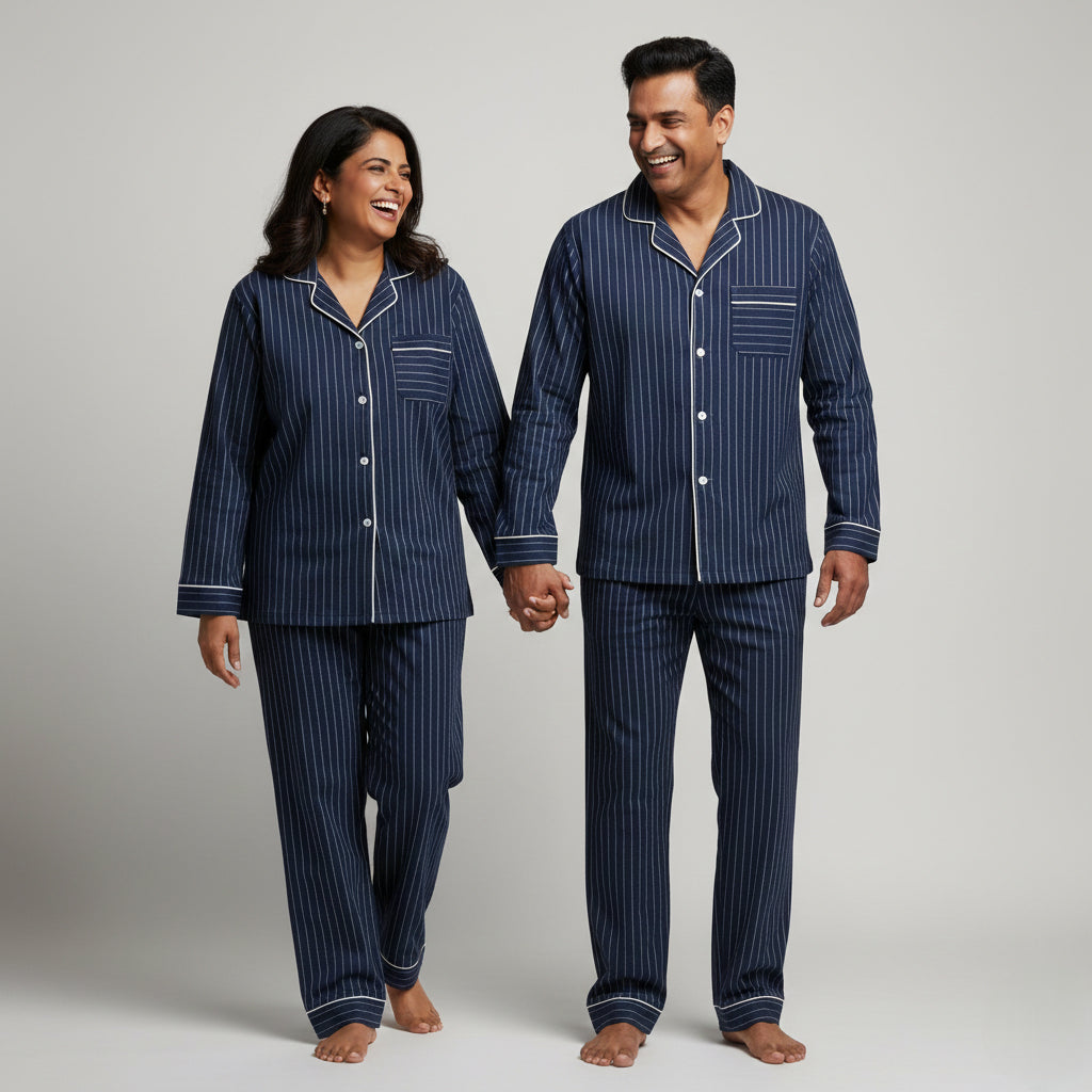 Couple cotton sleep set in deep navy fine stripe fabric.