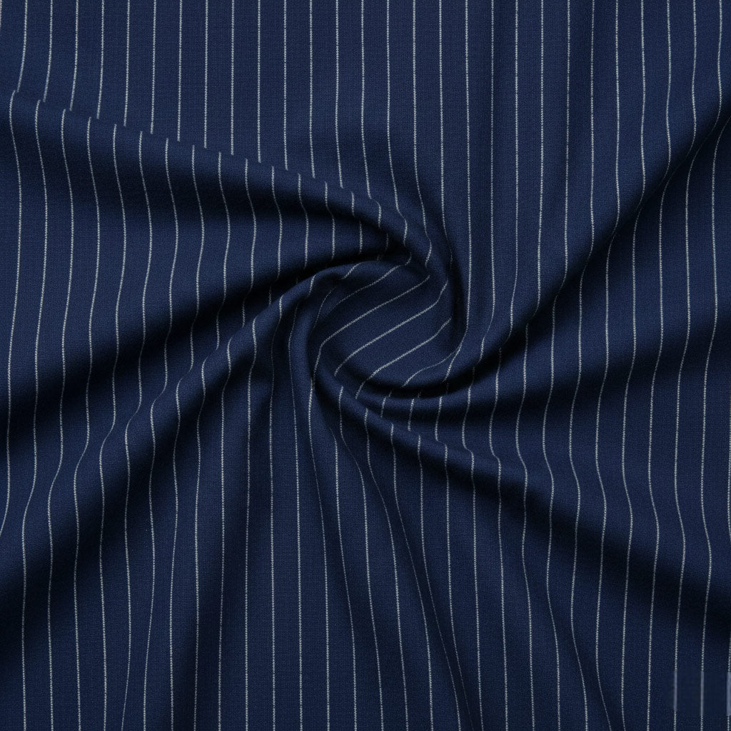 Deep navy cotton fabric with fine white stripe pattern.