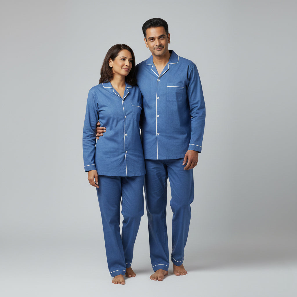 Denim blue matching couple pajama set