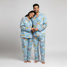 Modern icon print couple pajamas styled as his and her matching nightwear