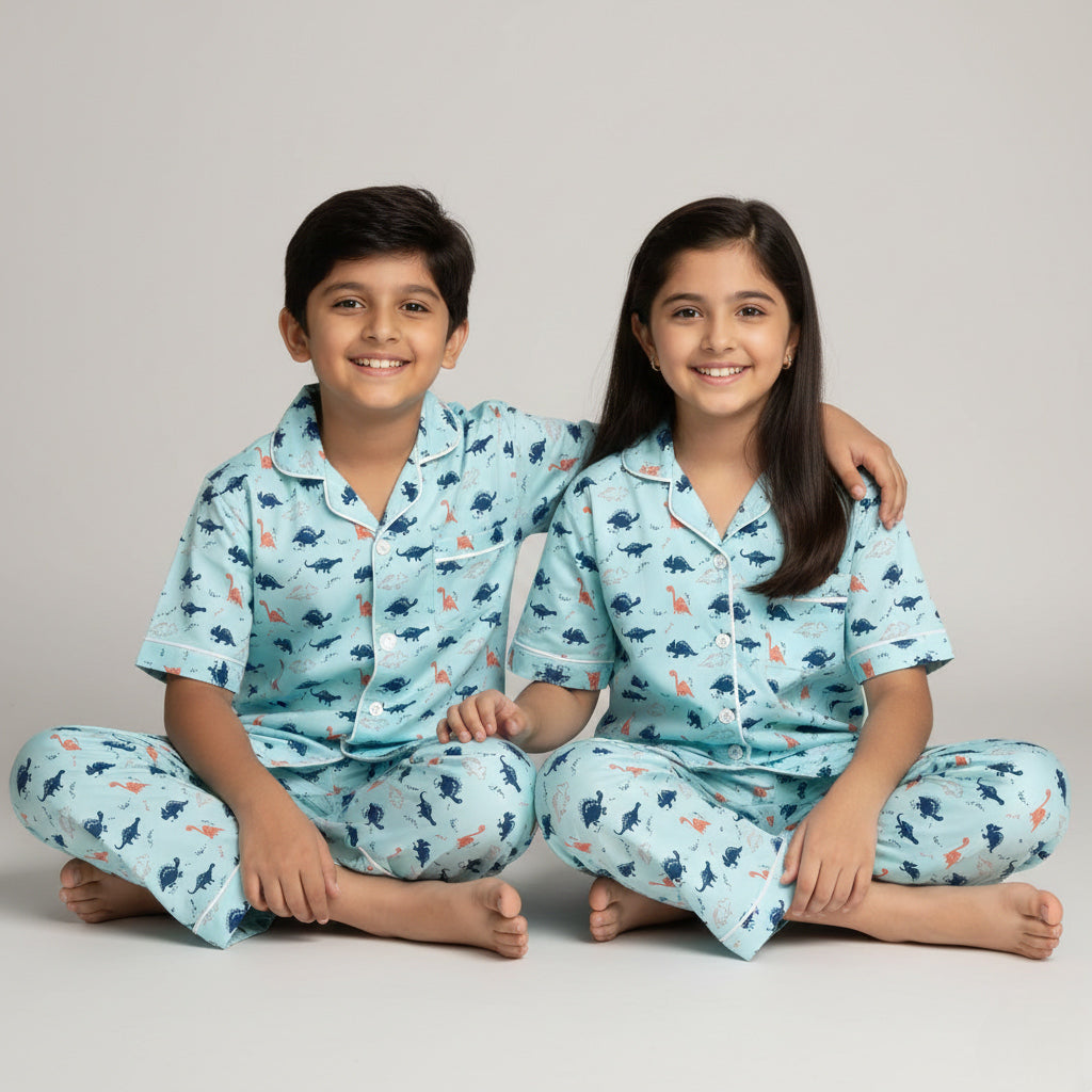 Siblings wearing dino print matching pajama set, green dinosaur-themed look.