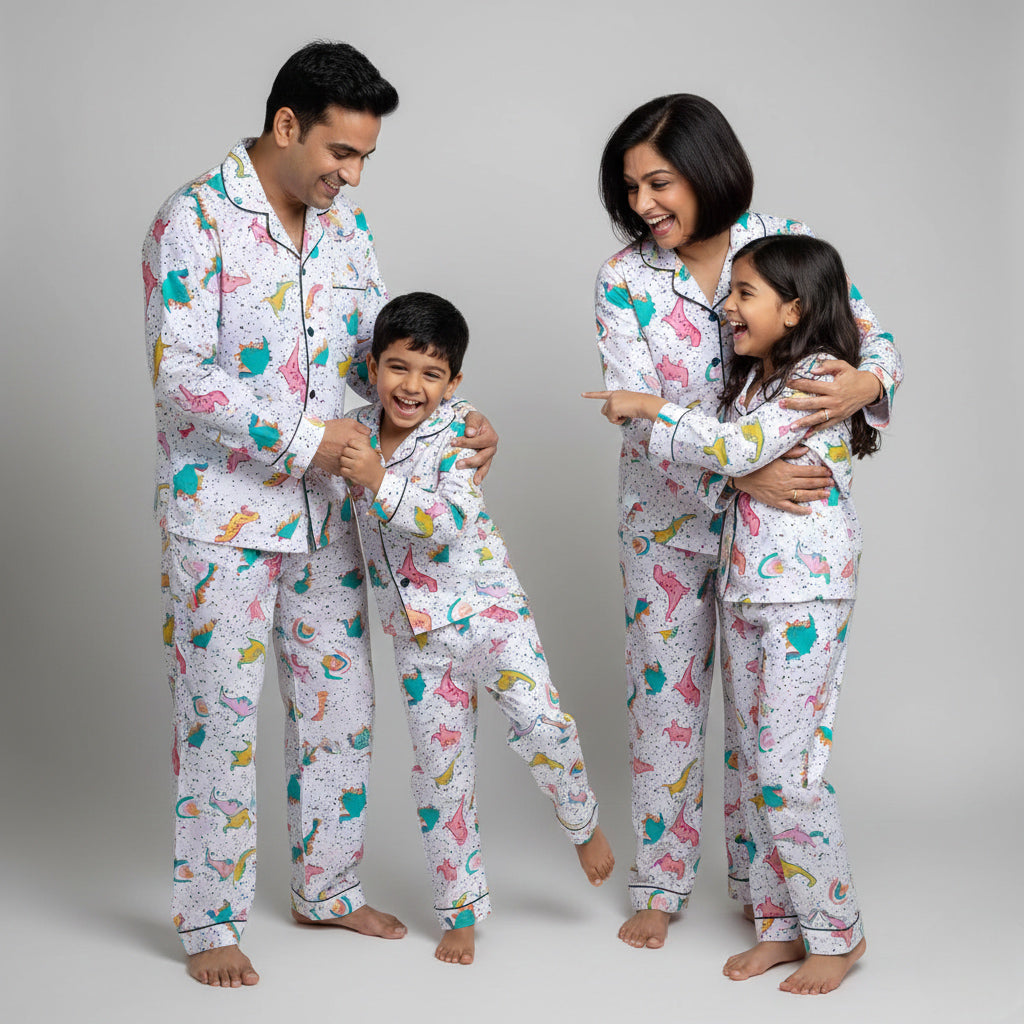 Family in dinosaur print matching pajamas, fun green coordinated nightwear.