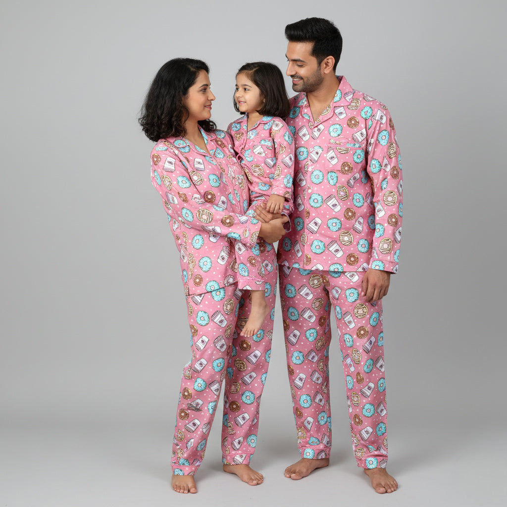 Donut and coffee print family cotton sleepwear set