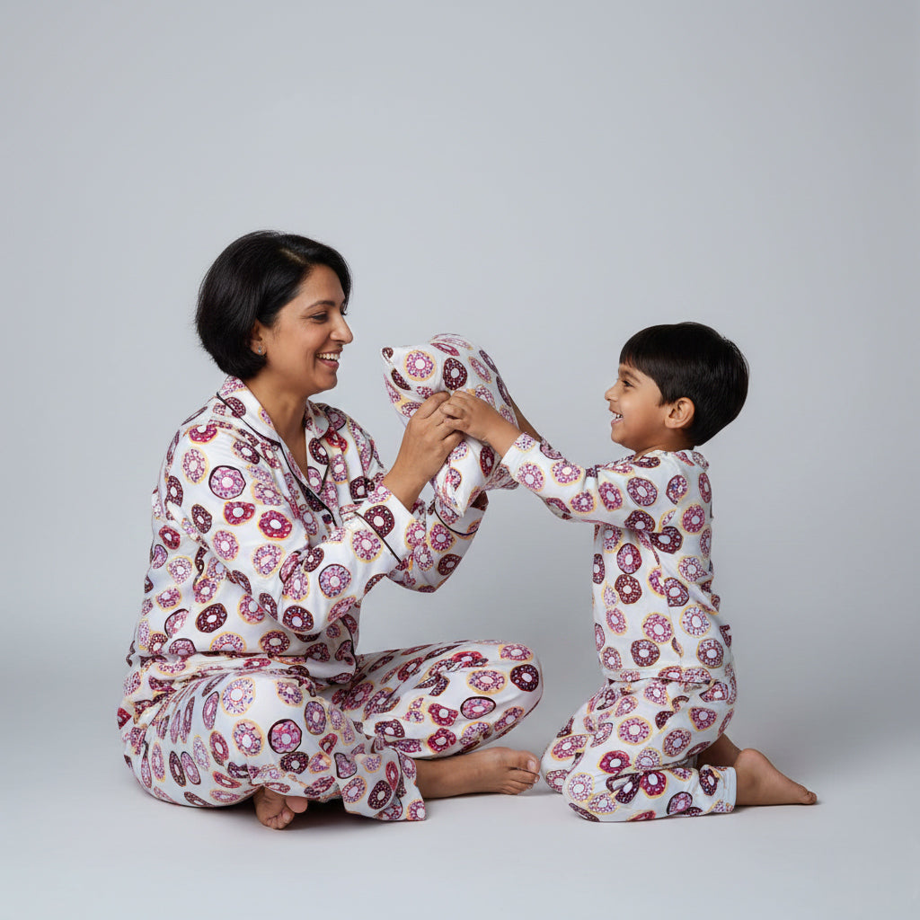Mother and son wearing donut print matching pajamas, fun sweet treat-themed nightwear.
