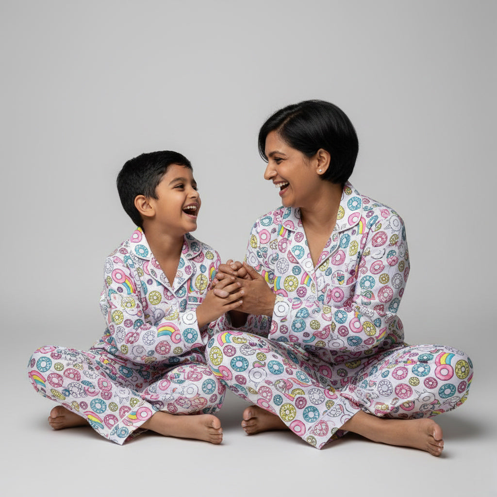 Donut Worry Print Mother Son Nightdress