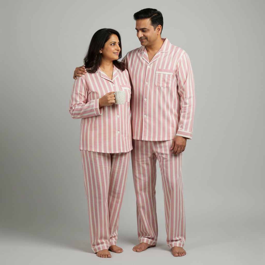 Couple nightwear set in dusty blush striped cotton fabric.