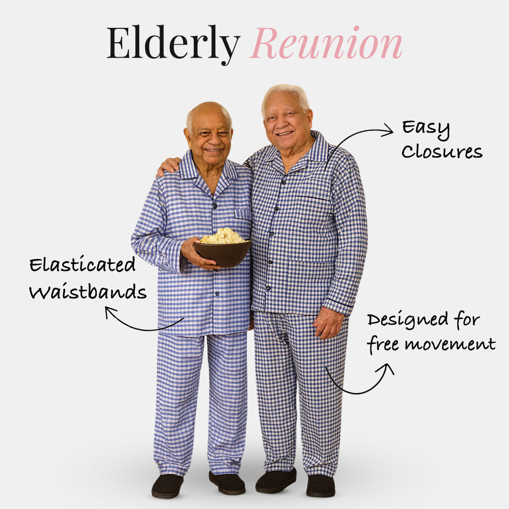 Two elderly individuals wearing blue checkered pajamas with text highlighting features on a white background.