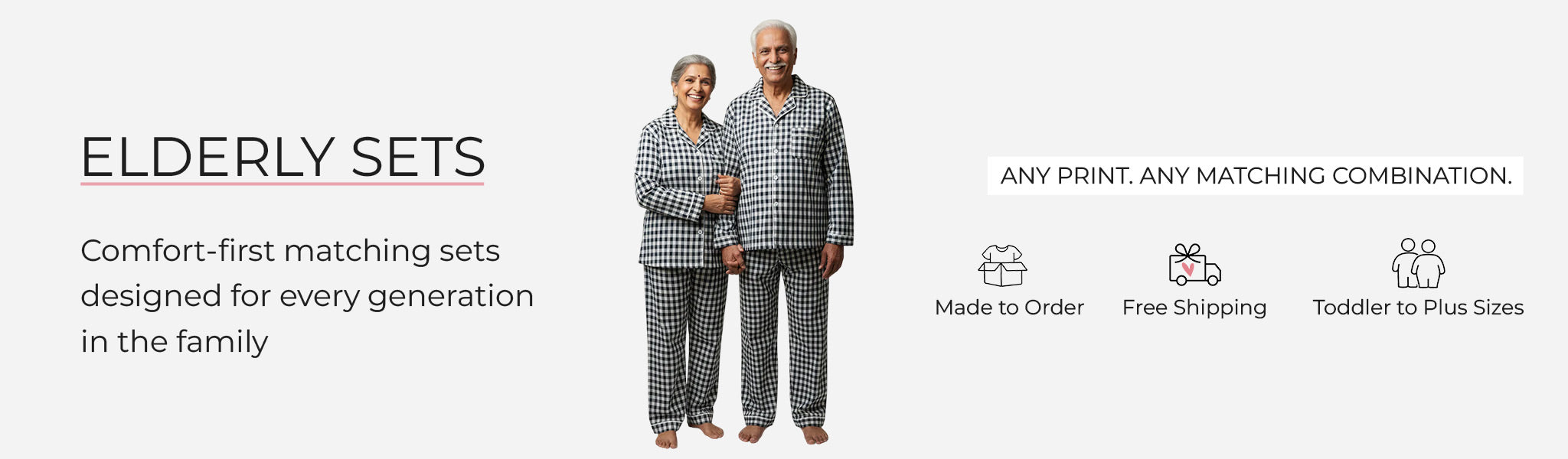 Elderly couple wearing matching printed sleepwear from Pajama Tribe elderly sets collection