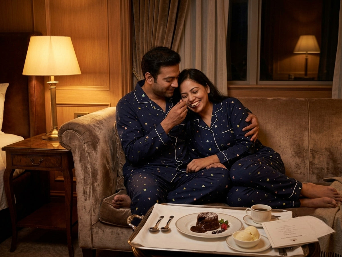 Couple in matching navy printed pajamas sharing dessert on a hotel sofa.
