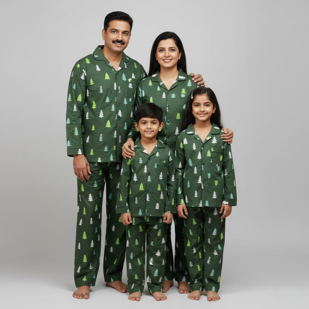 Evergreen forest print family lounge pajamas in cotton