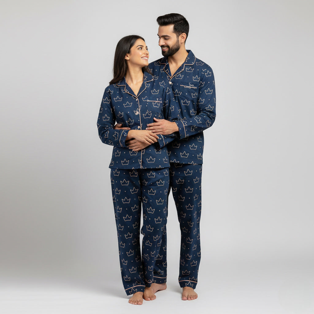 Minimal crown print couple pajamas shown as coordinated his and her night suit
