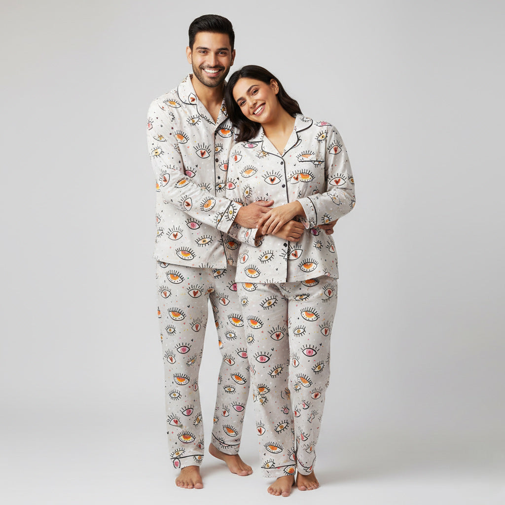 Eye illustration print couple nightwear styled as bold matching pajamas