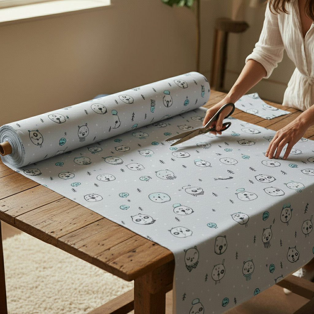 women cutting a printed cotton fabric 