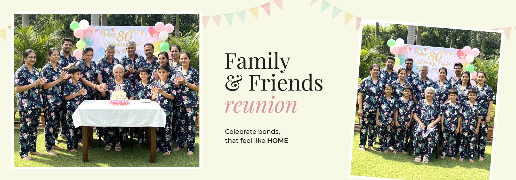 Family and friends reunion in matching pajamas for celebrating milestone birthday