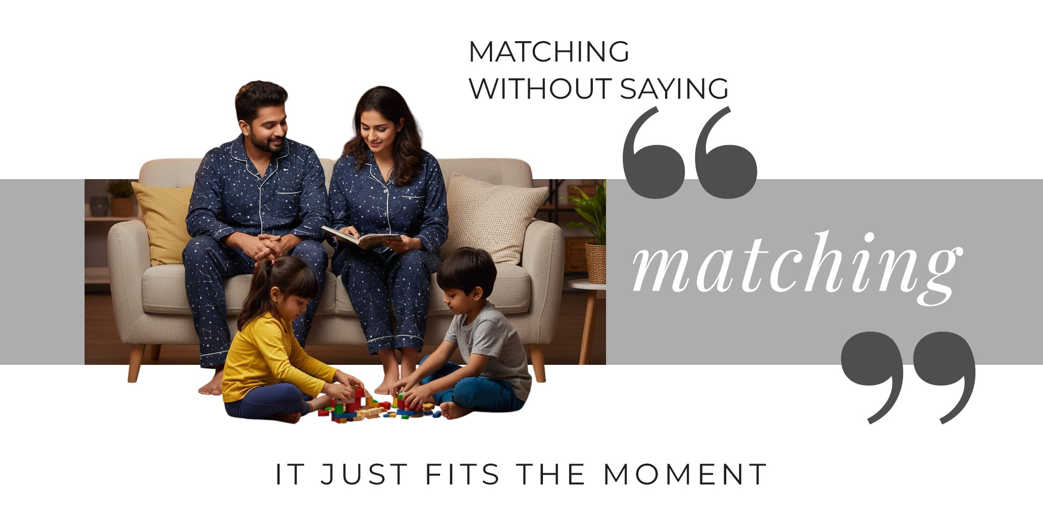 Parents and children relaxing together at home in coordinated nightwear