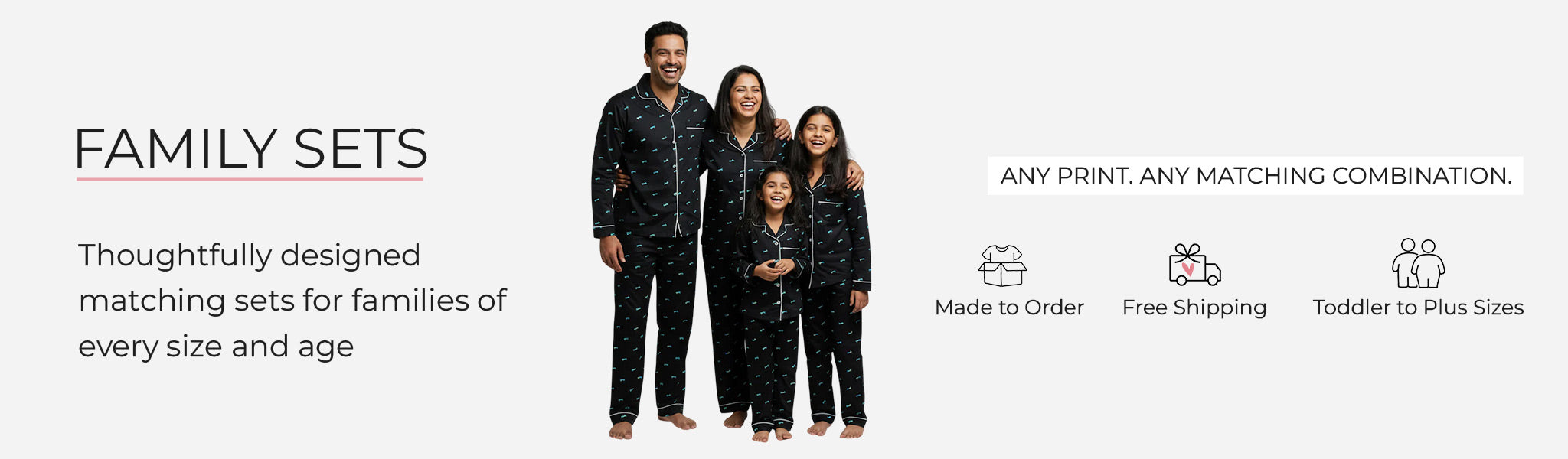Family wearing matching printed sleepwear from Pajama Tribe family sets collection