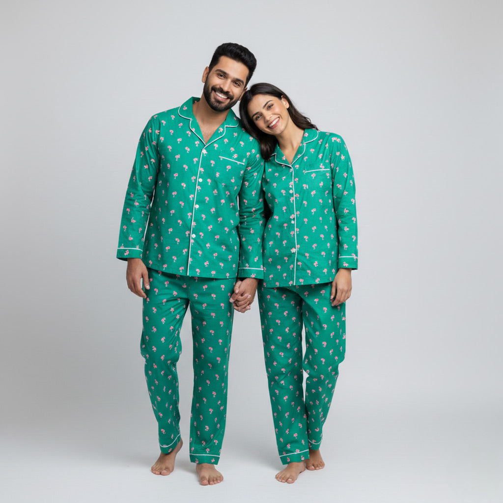 Couple in flamingo print matching pajama set, tropical coordinated look.