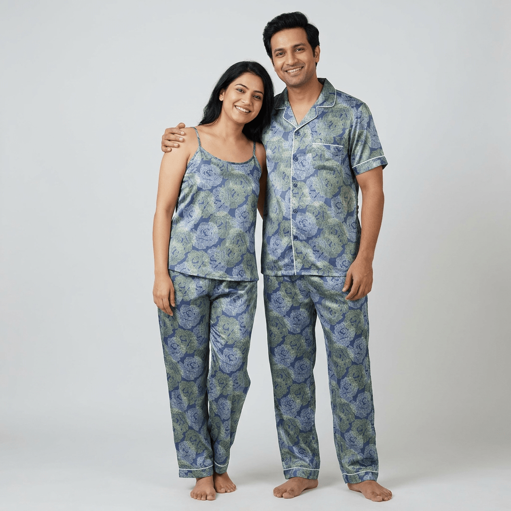 Flower Bed matching half-sleeve night suit for him and her, styled together