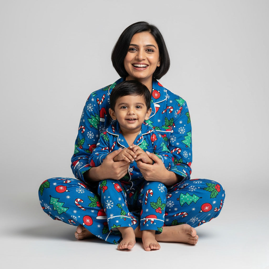 Woman and child wearing matching blue Christmas pajamas on a gray background