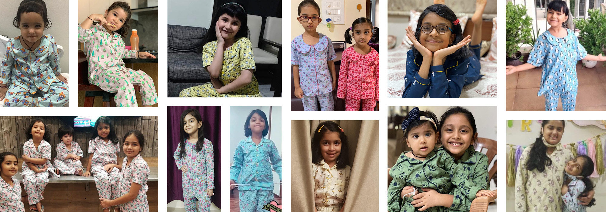 Collage of customers in various night suits posing in different settings.