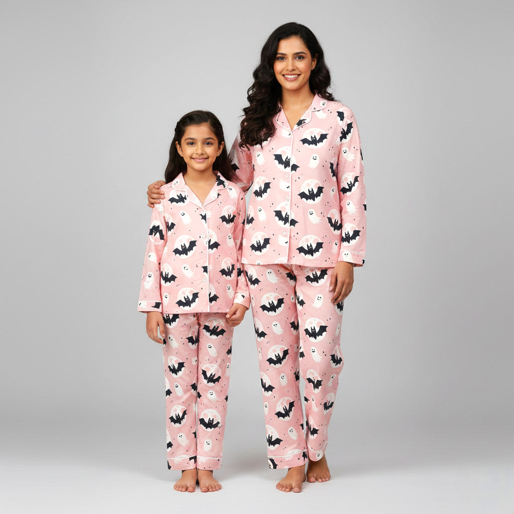 Mother and daughter wearing Halloween matching pajamas, spooky festive coordinated look.