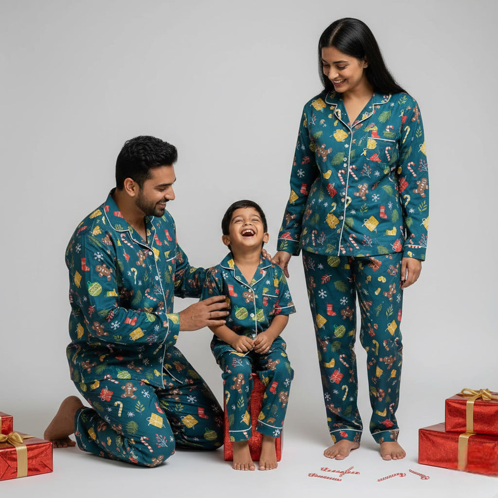 Family wearing holiday celebration matching pajamas, festive coordinated outfits.