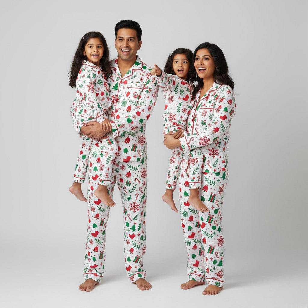 Family dressed in holiday cheer matching pajamas, festive coordinated nightwear.