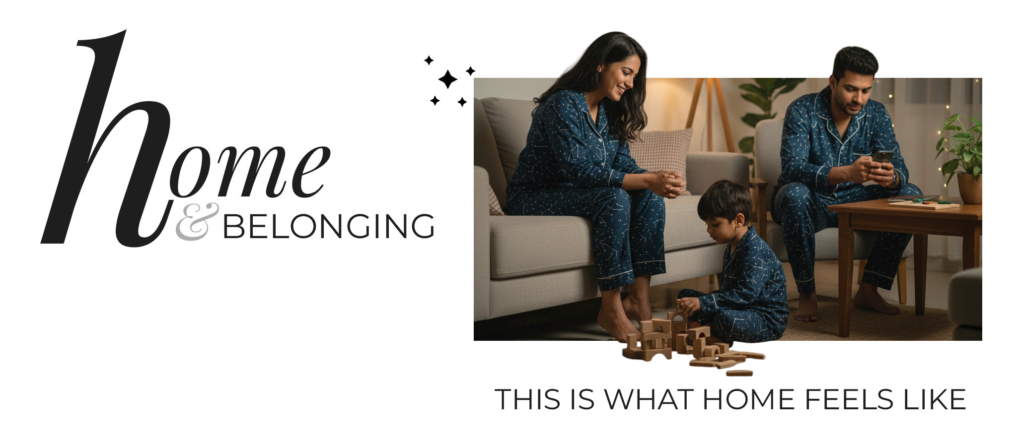 Indian family spending a quiet evening at home in matching pajamas