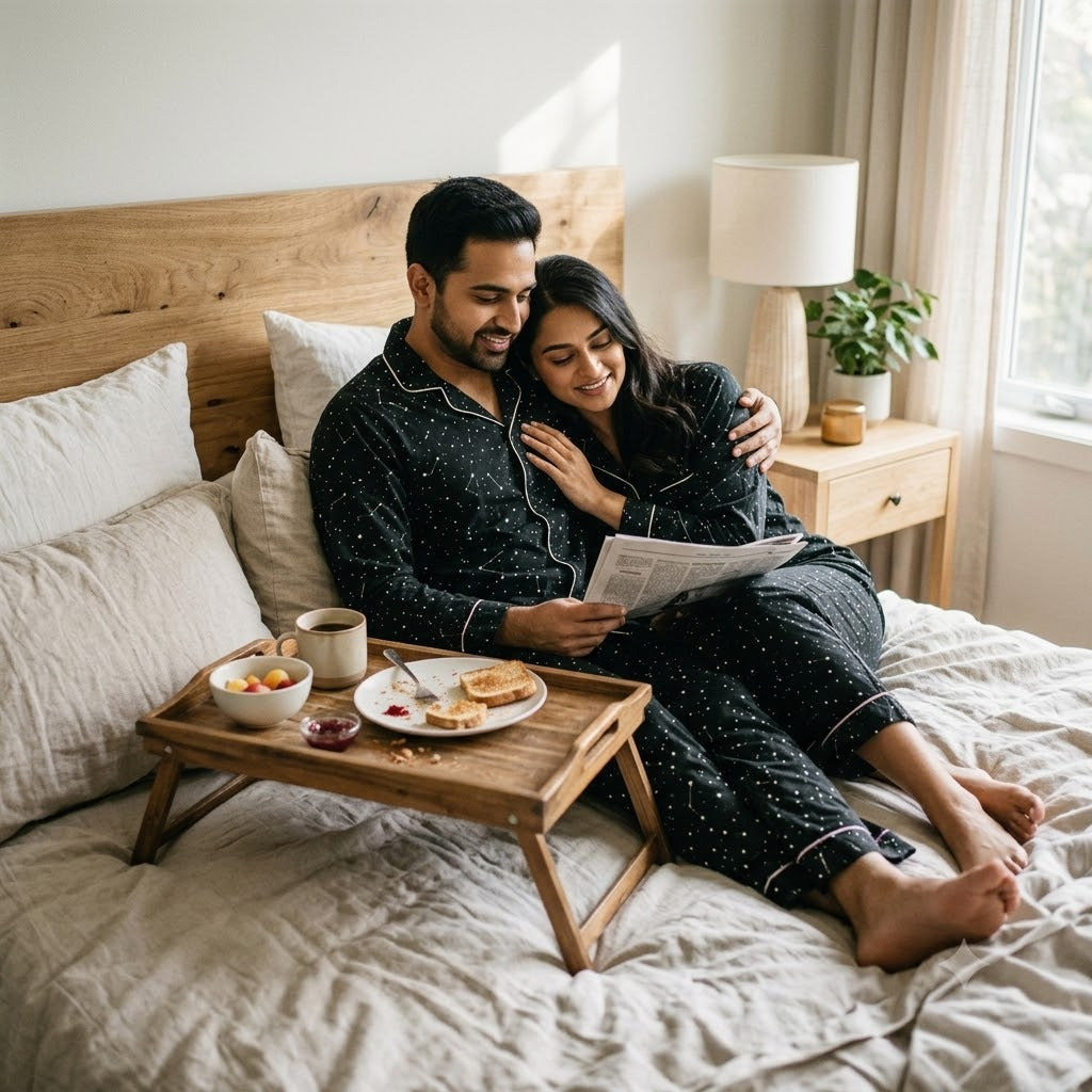 Couple wearing black matching pajamas in bed on their honeymoon holiday