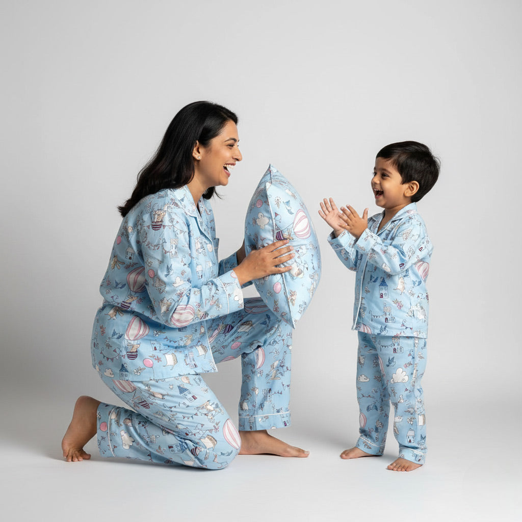 Mother and son wearing hot air balloon picnic matching pajamas, sky-themed coordinated nightwear.