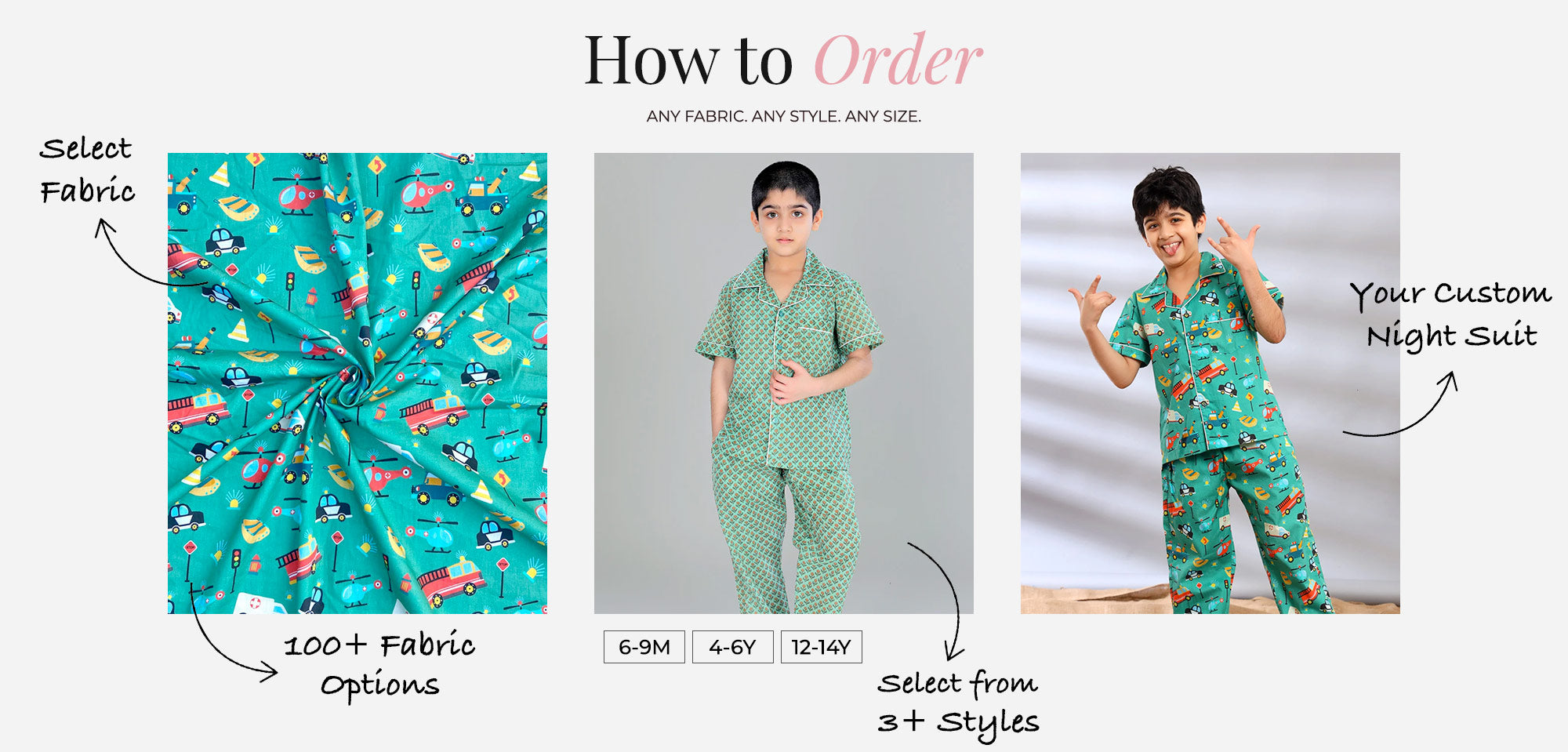 Promotional graphic for custom night suits with fabric selection and sizing information.