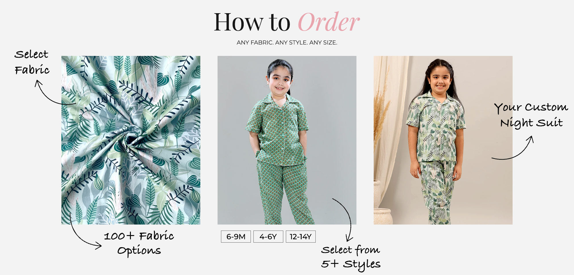 Children's green patterned night suit with fabric swatch and ordering information.