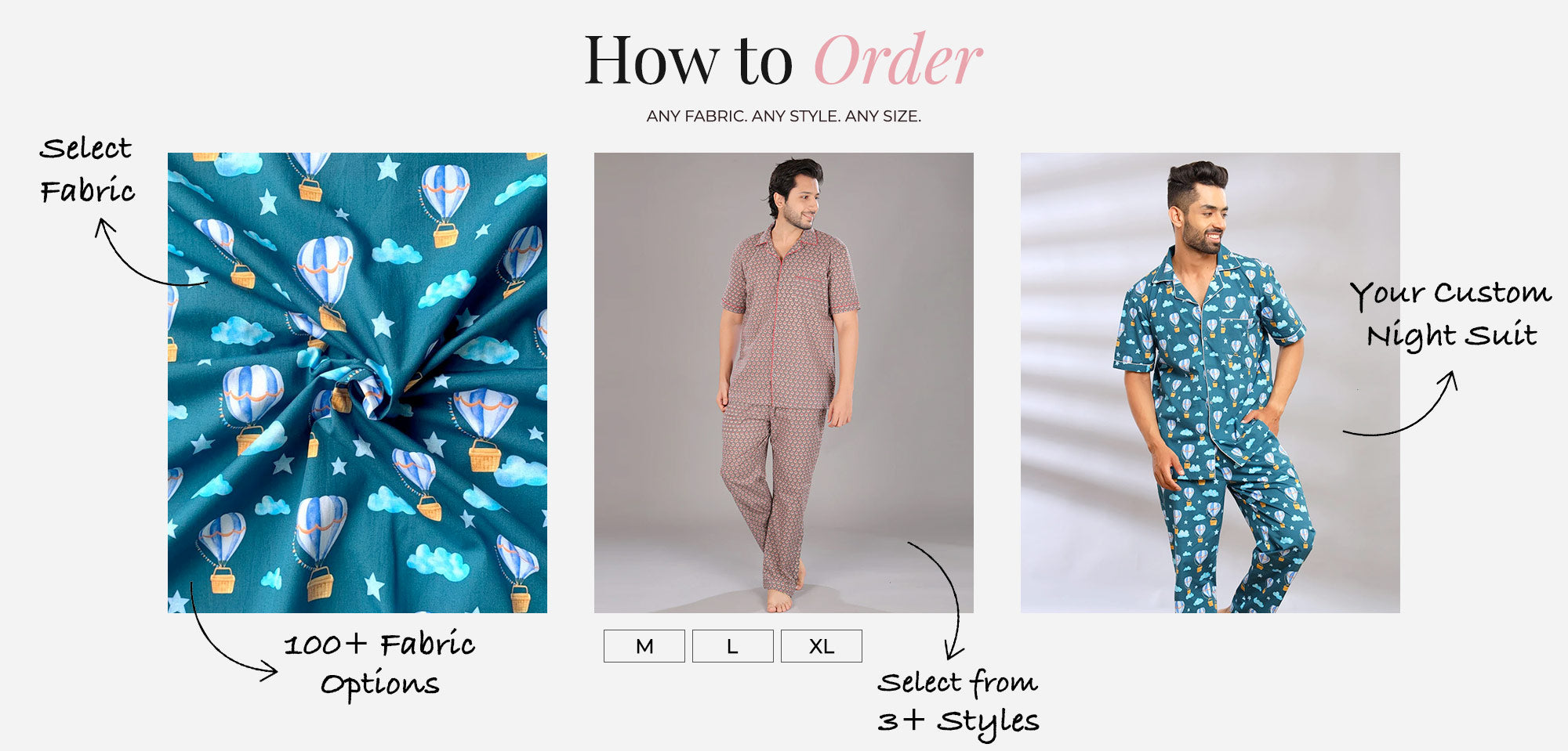 Graphic for custom night suit ordering with fabric selection, size options, and a sample outfit.