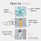 Diagram showing how to order a custom night suit with fabric selection and size options.