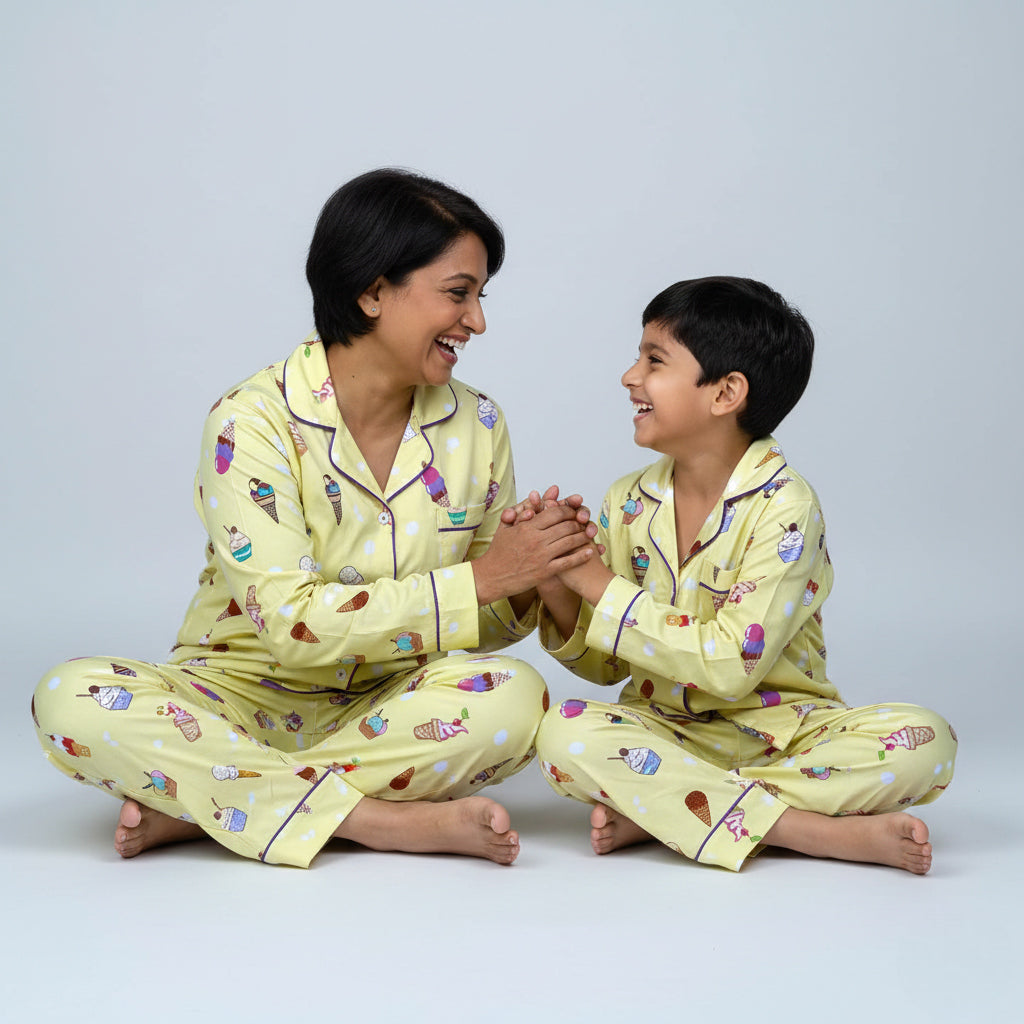 Mother and son wearing ice cream cupcake print matching pajamas, colourful sweet-themed coordinated look.