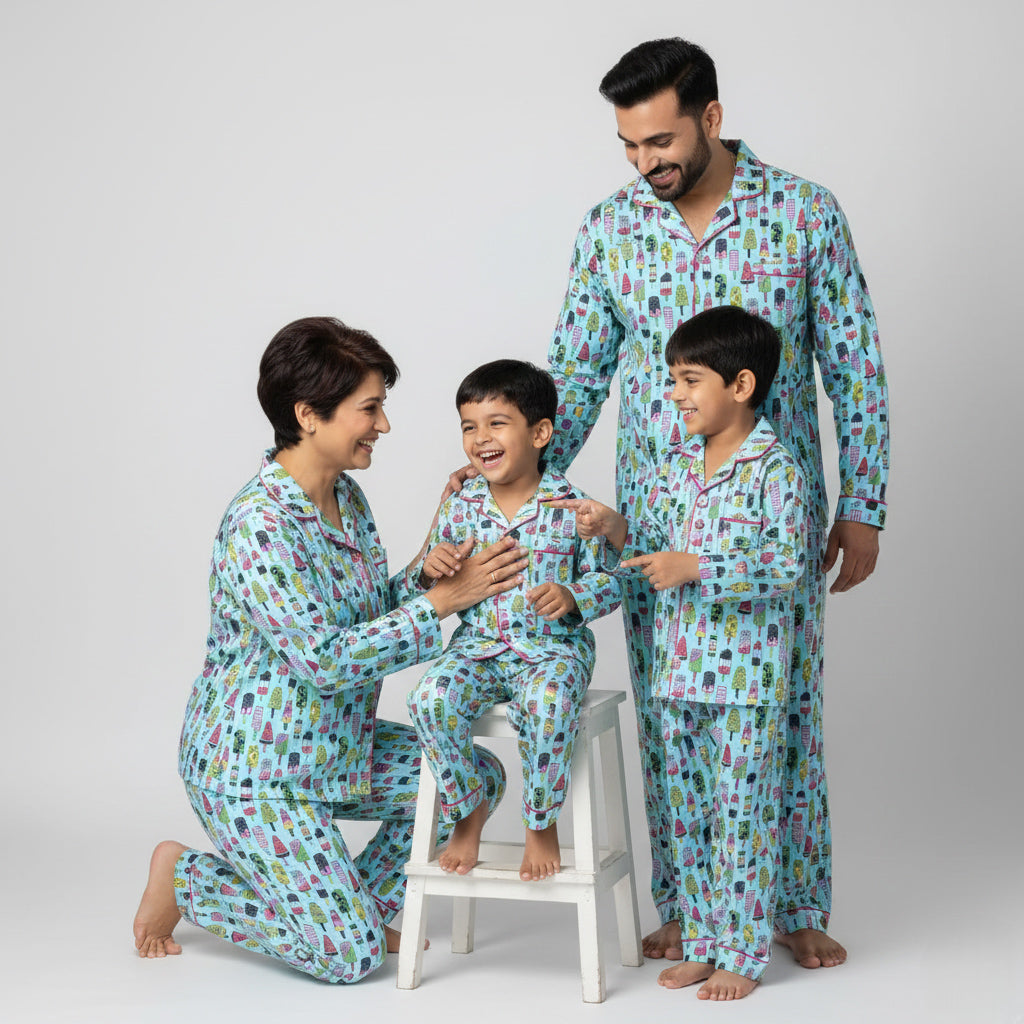 Family in ice cream print matching pajamas, colourful sweet-themed coordinated nightwear.