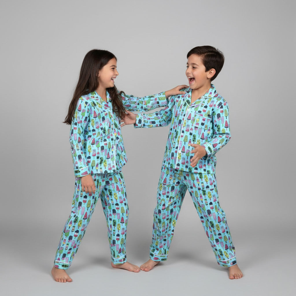 Siblings in ice cream print matching pajama set, colourful dessert-themed nightwear.