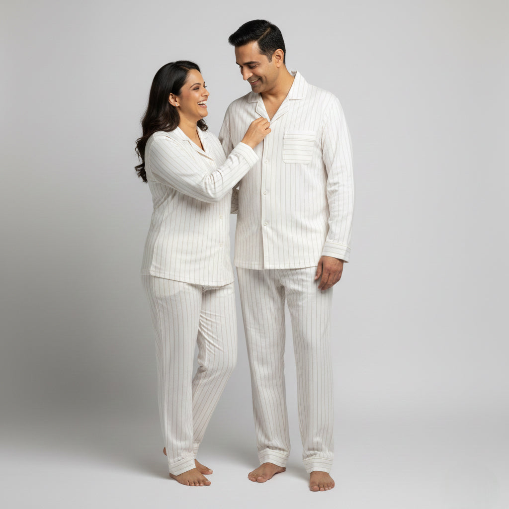 Couple cotton sleep set in ivory white with taupe stripes.