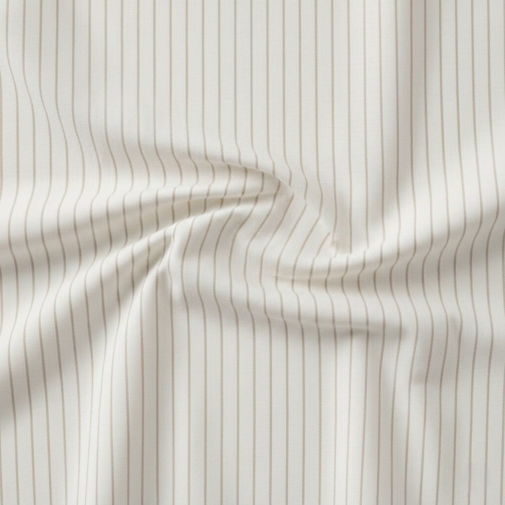 Ivory white cotton fabric with soft taupe stripe pattern
