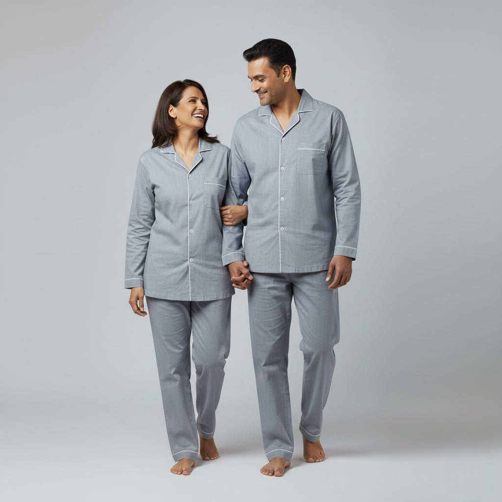Light grey cotton matching couple pajama set
