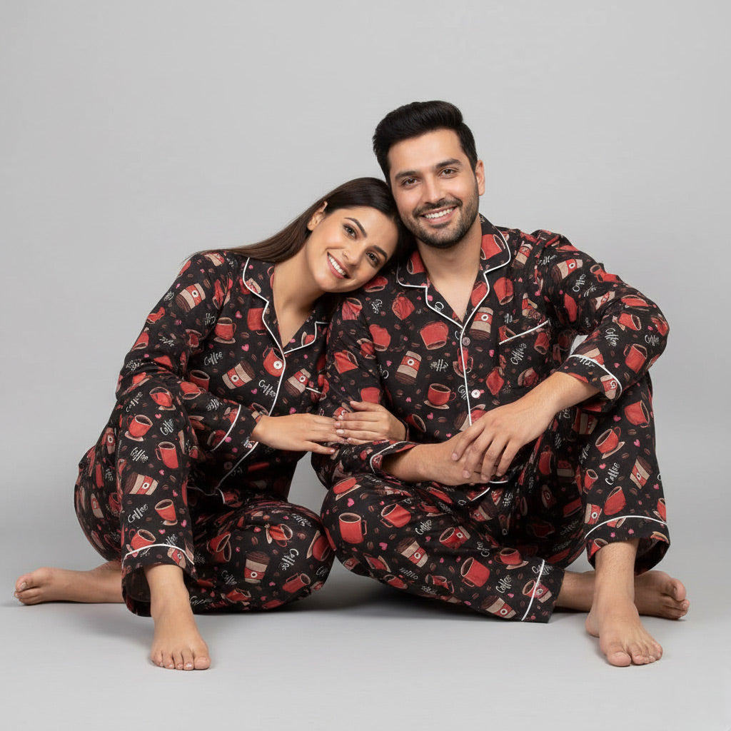 Couple in Love for Coffee matching pajama set, coffee-themed coordinated nightwear.