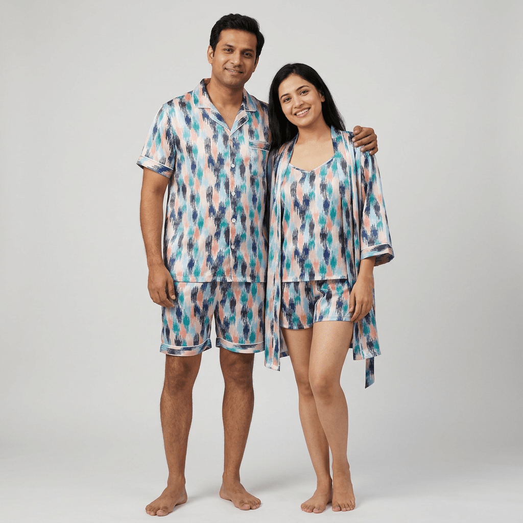 Him and her twinning in Luxe Maze half-sleeve night suit by Pajama Tribe