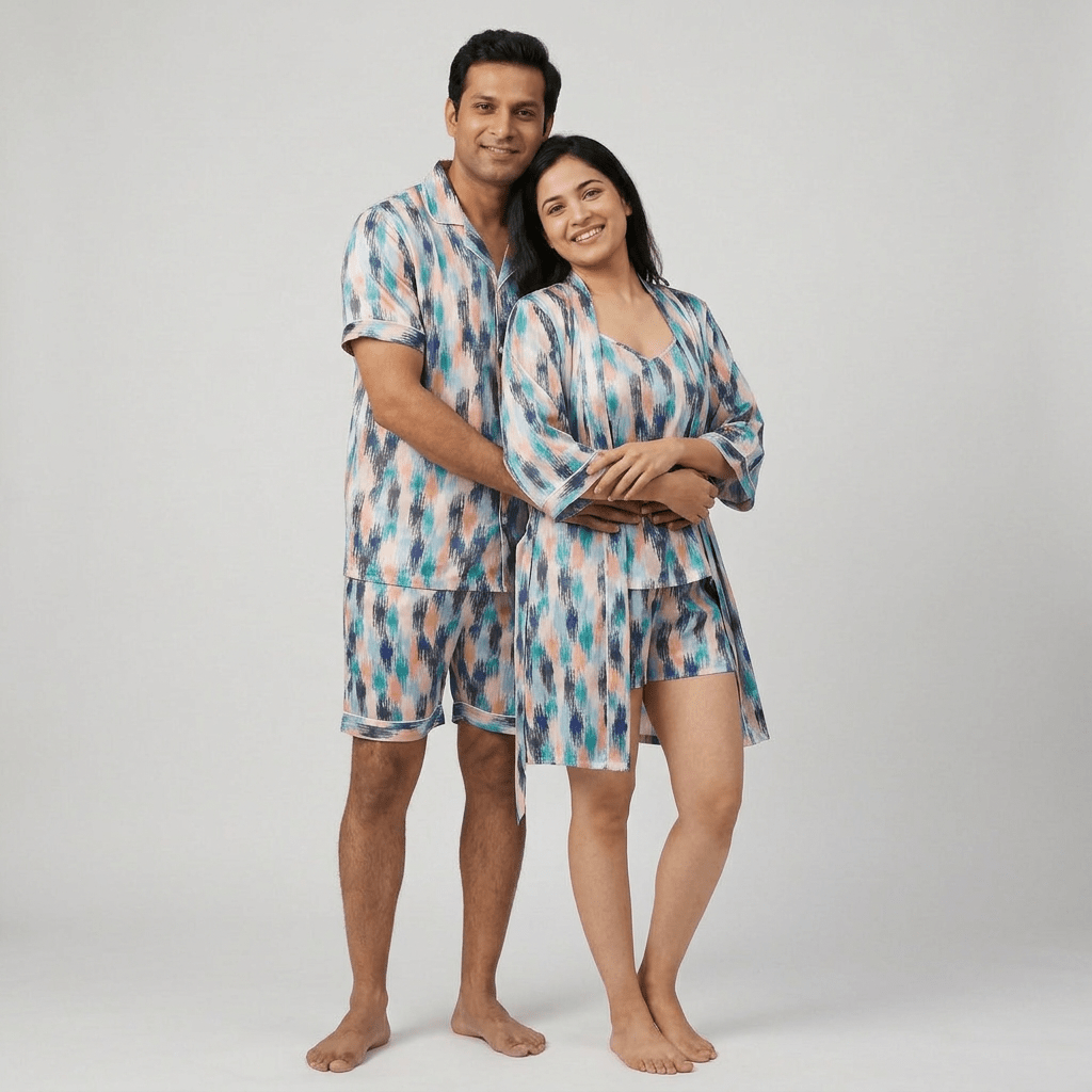 Matching Luxe Maze satin half-sleeve night suit for him and her