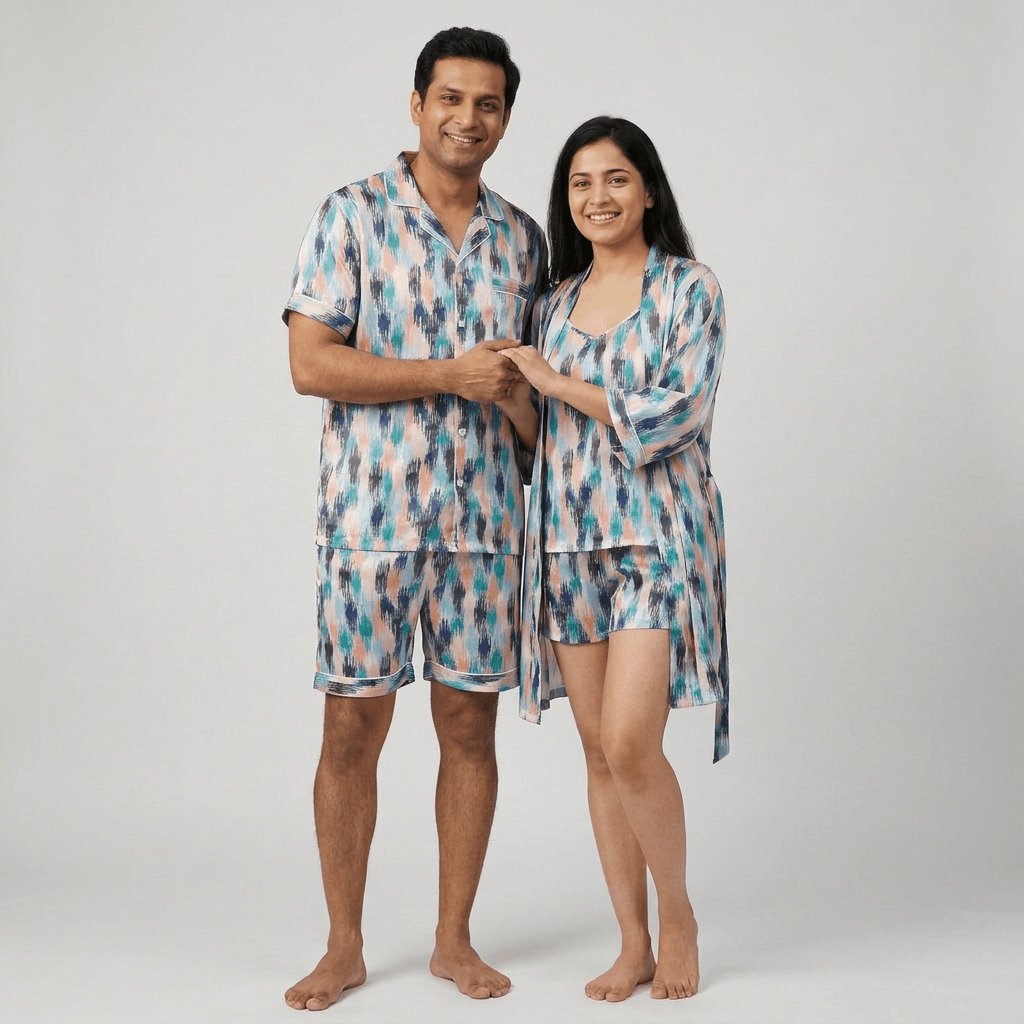 Luxe Maze matching half-sleeve night suit for him and her, styled together