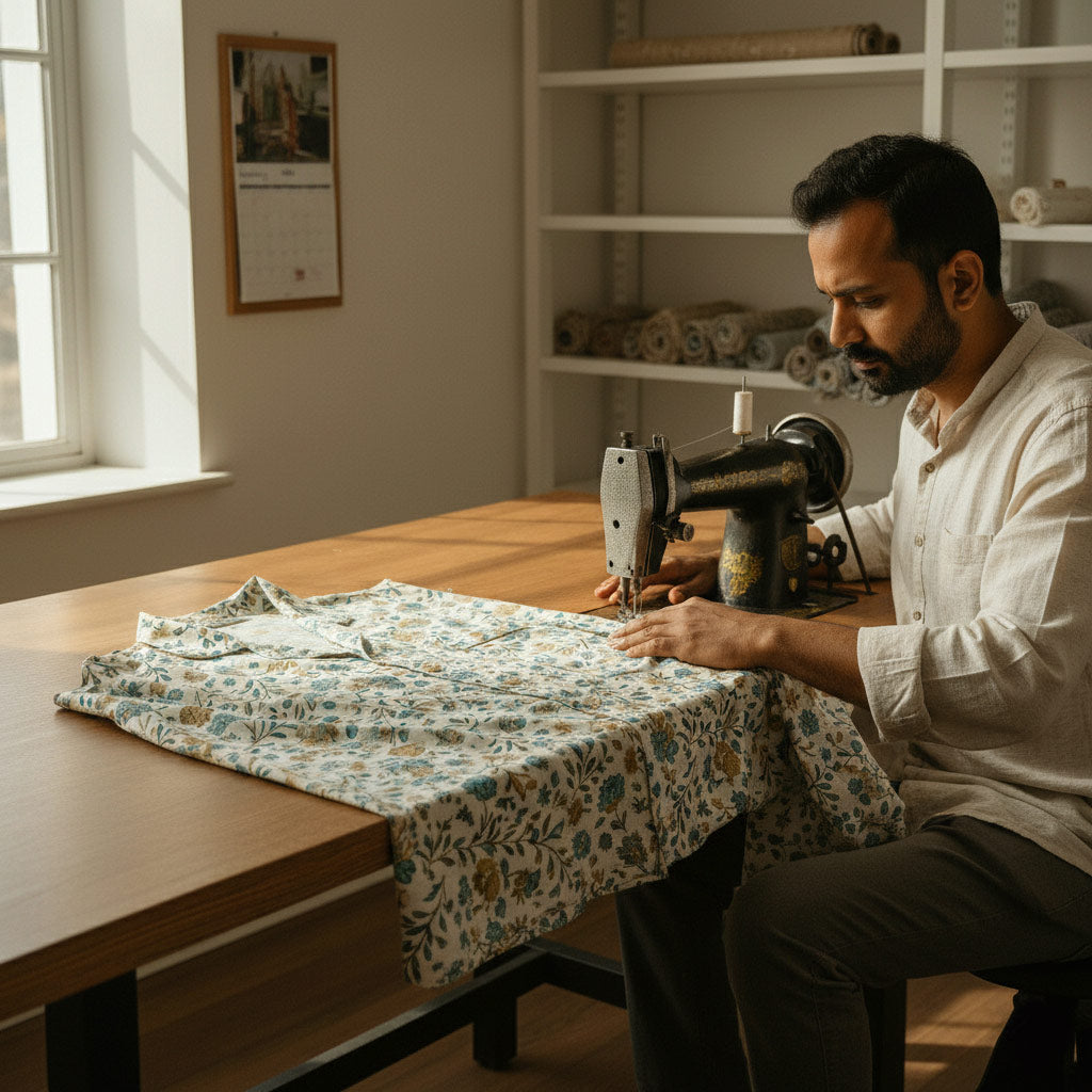 A tailor stitching a printed night suit with a sewing machine