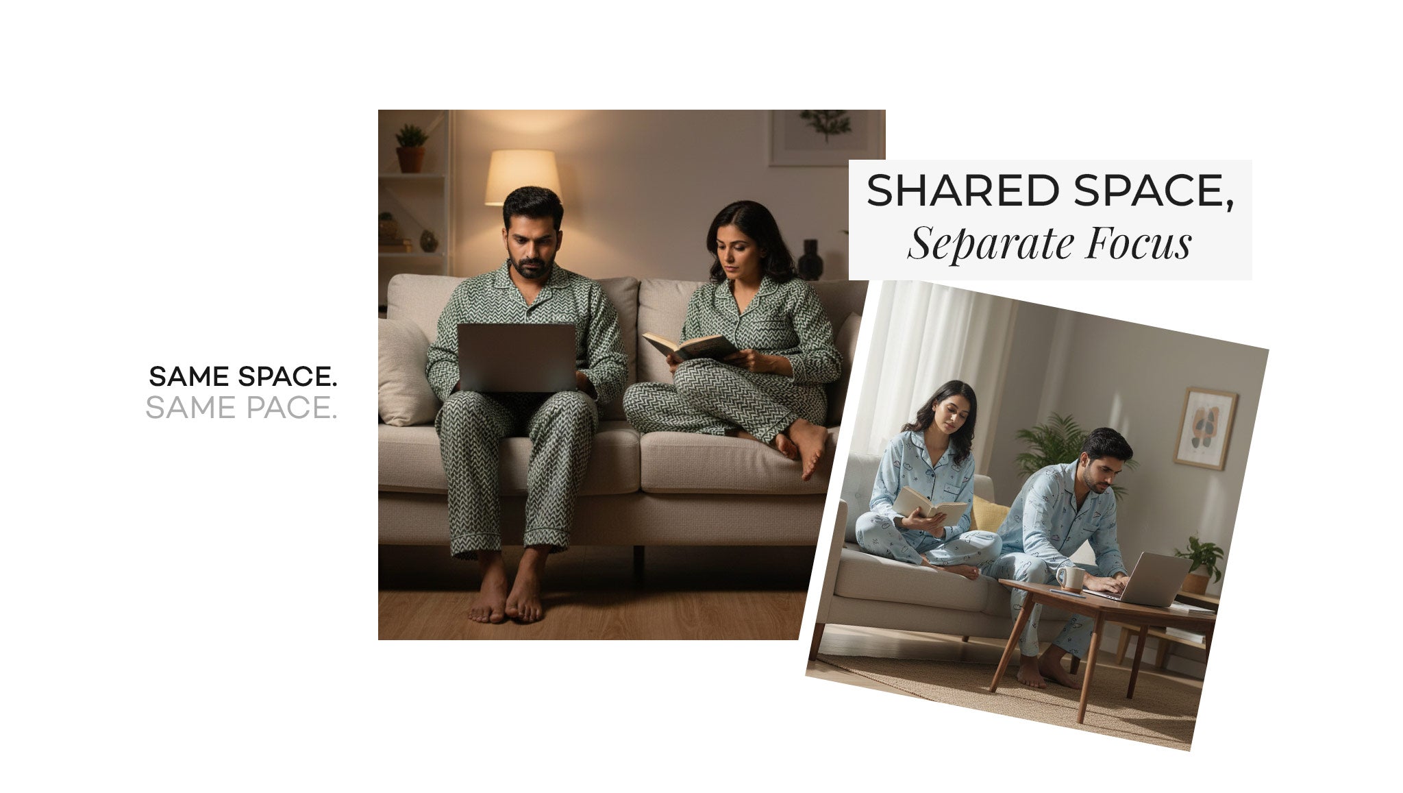 Couple wearing matching pajamas while spending a quiet day together at home