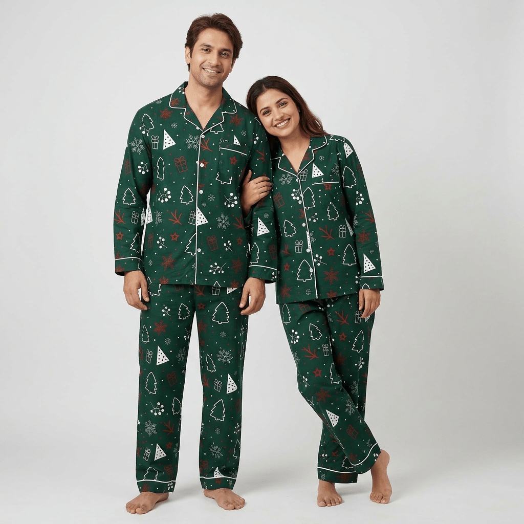 Matching Winter Wonderland full-sleeve night suit for husband and wife