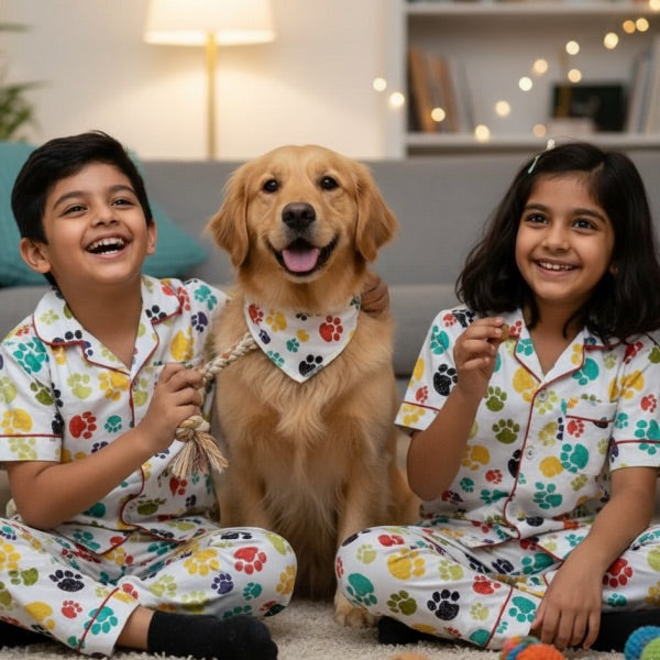 Two children in matching pajamas with a dog on a carpeted floor.