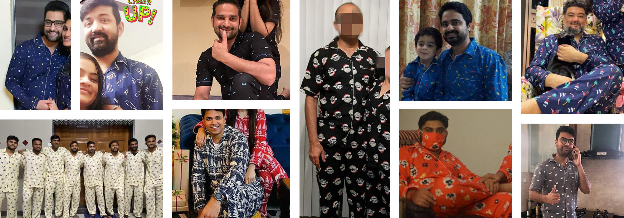 Collage of customers wearing matching pyjama sets in various settings.