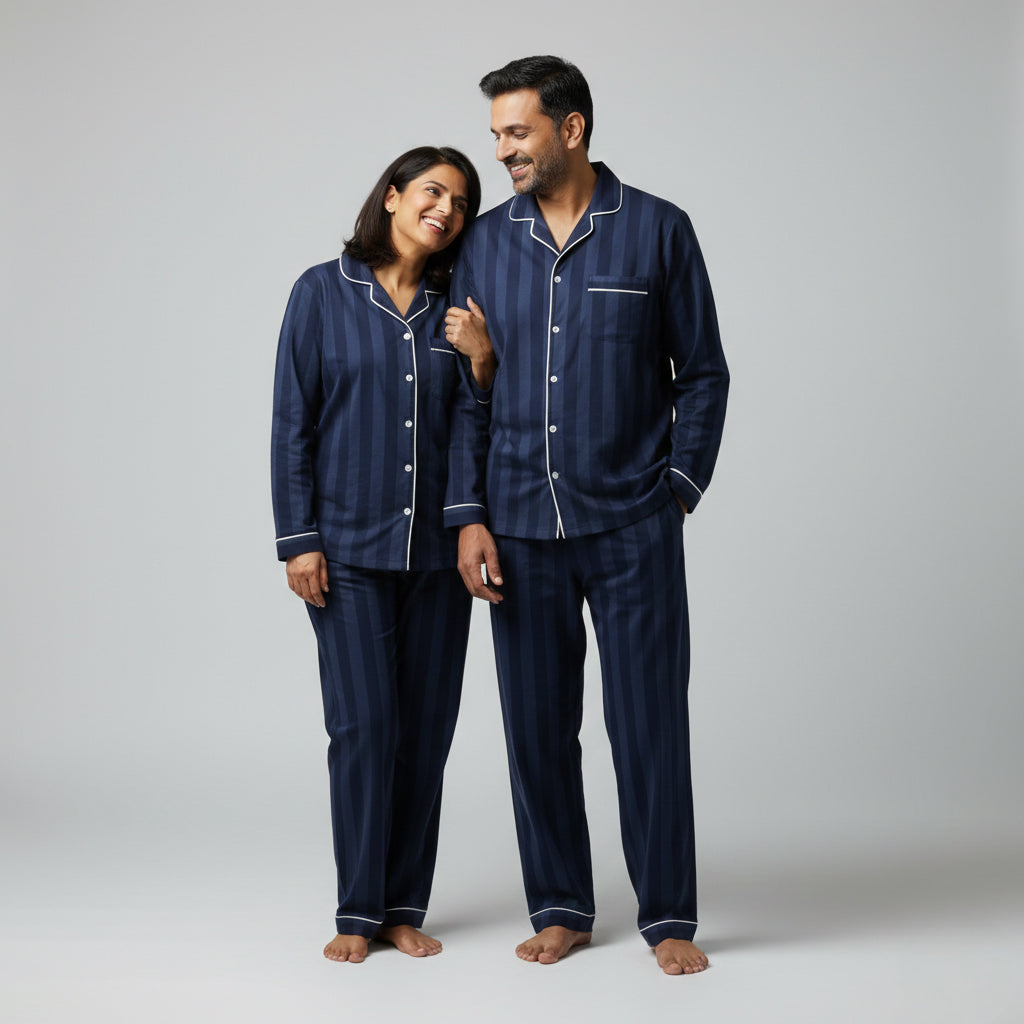 Matching couple nightwear in midnight blue striped cotton.